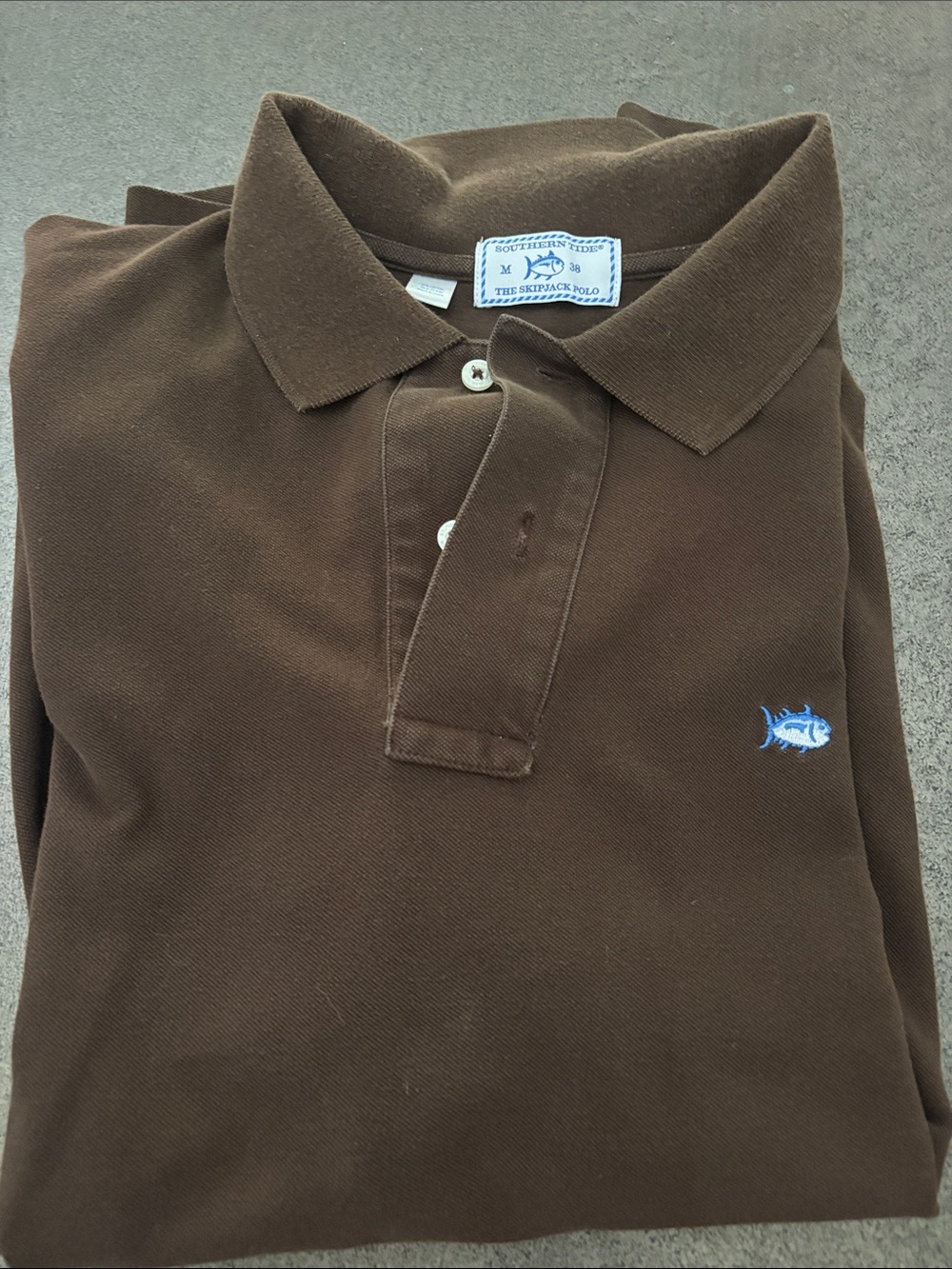 Southern Tide Brown Polo with Light Blue Fish Logo